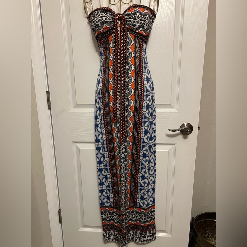Hale Bob Strapless Maxi Dress in Blue, Orange, Black